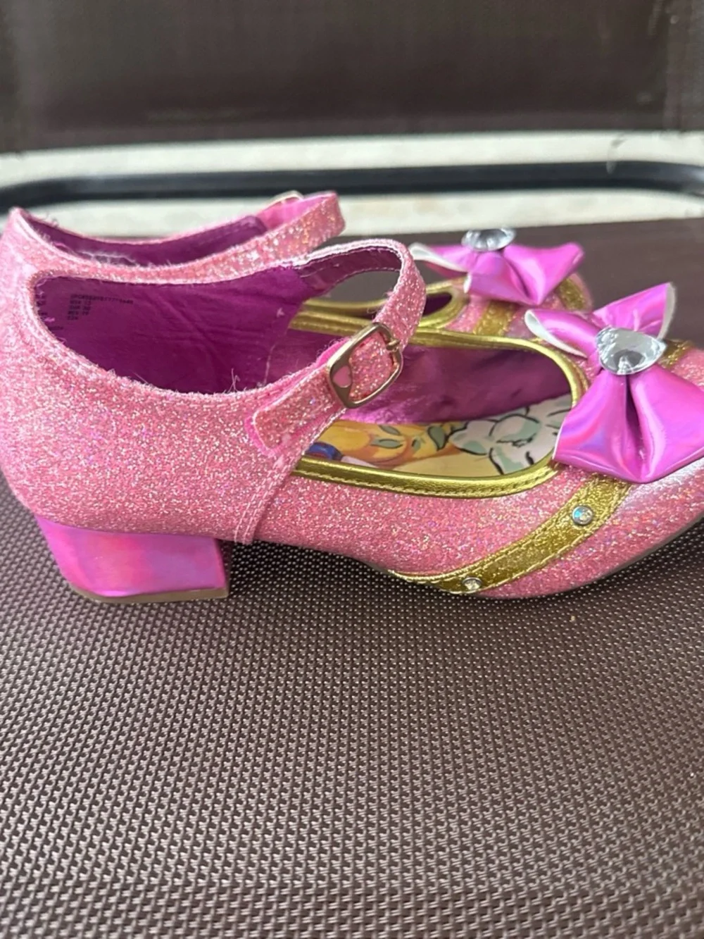 Disney Pink Glitter Girls' Mary Janes with Gold Accents and Bow